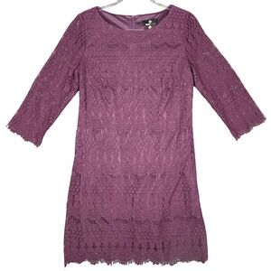 Ronni Nicole Purple Lace Sheath Dress‎ 3/4 Sleeve Scalloped Hem 6P